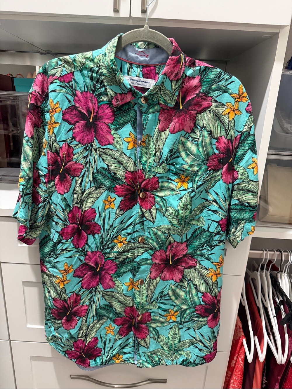 Tommy Bahama Teal Tropical Floral Button-Down Shirt with Pink & Yellow Blooms